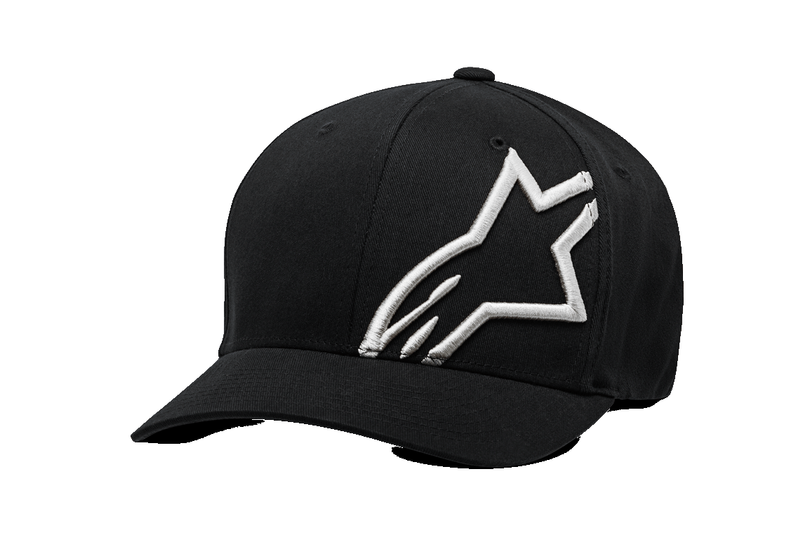 Alpinestars Corp Shift 2 Curved Bill Hat, Black Baseball Cap, Large White Embroidered Logo on Front Left, Curved Brim, Flexfit Sportswear Headwear