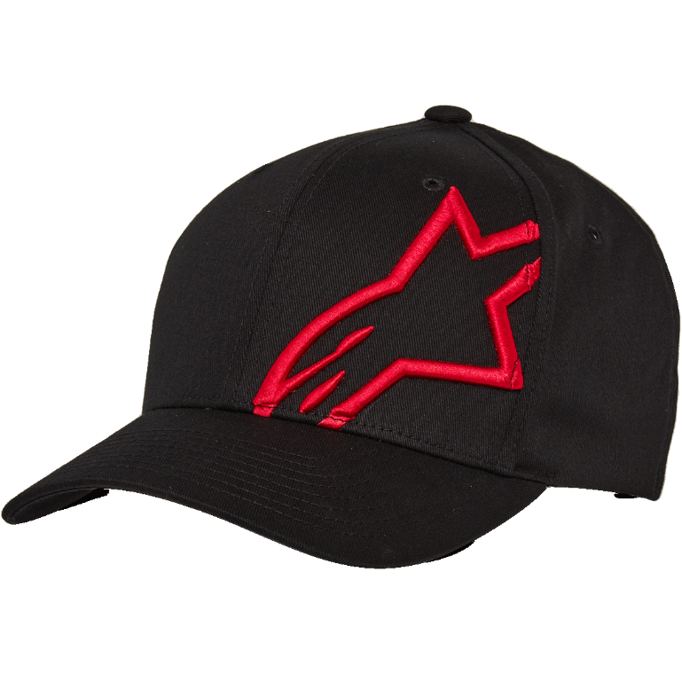 Alpinestars Corp Shift 2 baseballcap met gebogen klep, zwart met een groot rood plat geborduurd sterlogo op het linker voorpaneel, Flexfit gebogen klep, zes-paneels constructie, casual motorsport-geïnspireerde pet