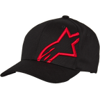 Alpinestars Corp Shift 2 baseballcap met gebogen klep, zwart met een groot rood plat geborduurd sterlogo op het linker voorpaneel, Flexfit gebogen klep, zes-paneels constructie, casual motorsport-geïnspireerde pet