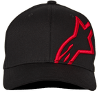 Alpinestars Corp Shift 2 Curved Brim, baseballcap, zwart met rood borduurwerk, plat Astars-logo op het linker voorpaneel, casual motorsport hoofdbedekking