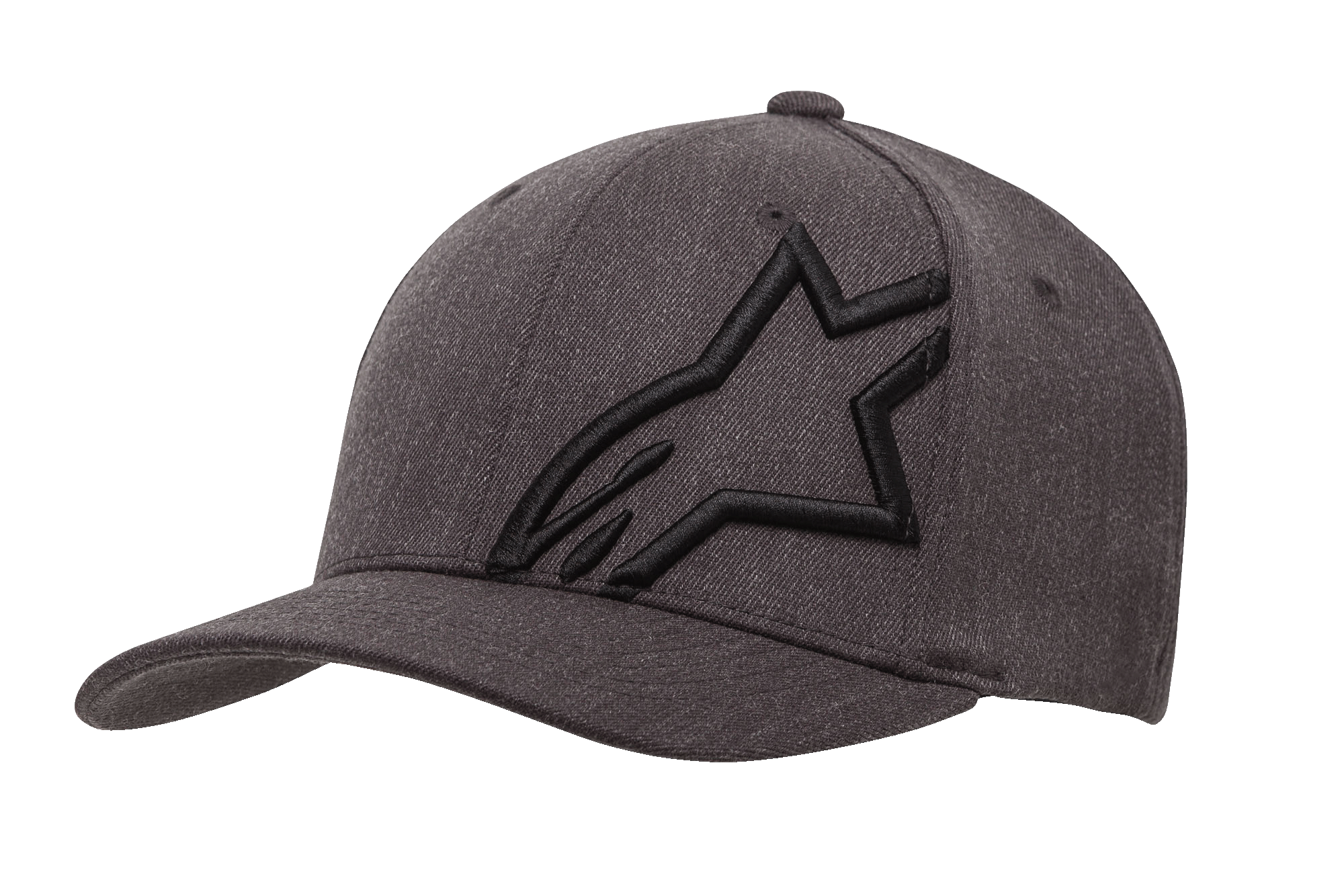 Alpinestars Corp Shift 2 pet met gebogen klep, donkergrijs gemêleerde en zwarte baseballcap, voorzien van een groot zwart geborduurd sterlogo op het linker voorpaneel, getextureerde stof met ventilatieopeningen, casual motorsport-geïnspireerde hoofdbedekking