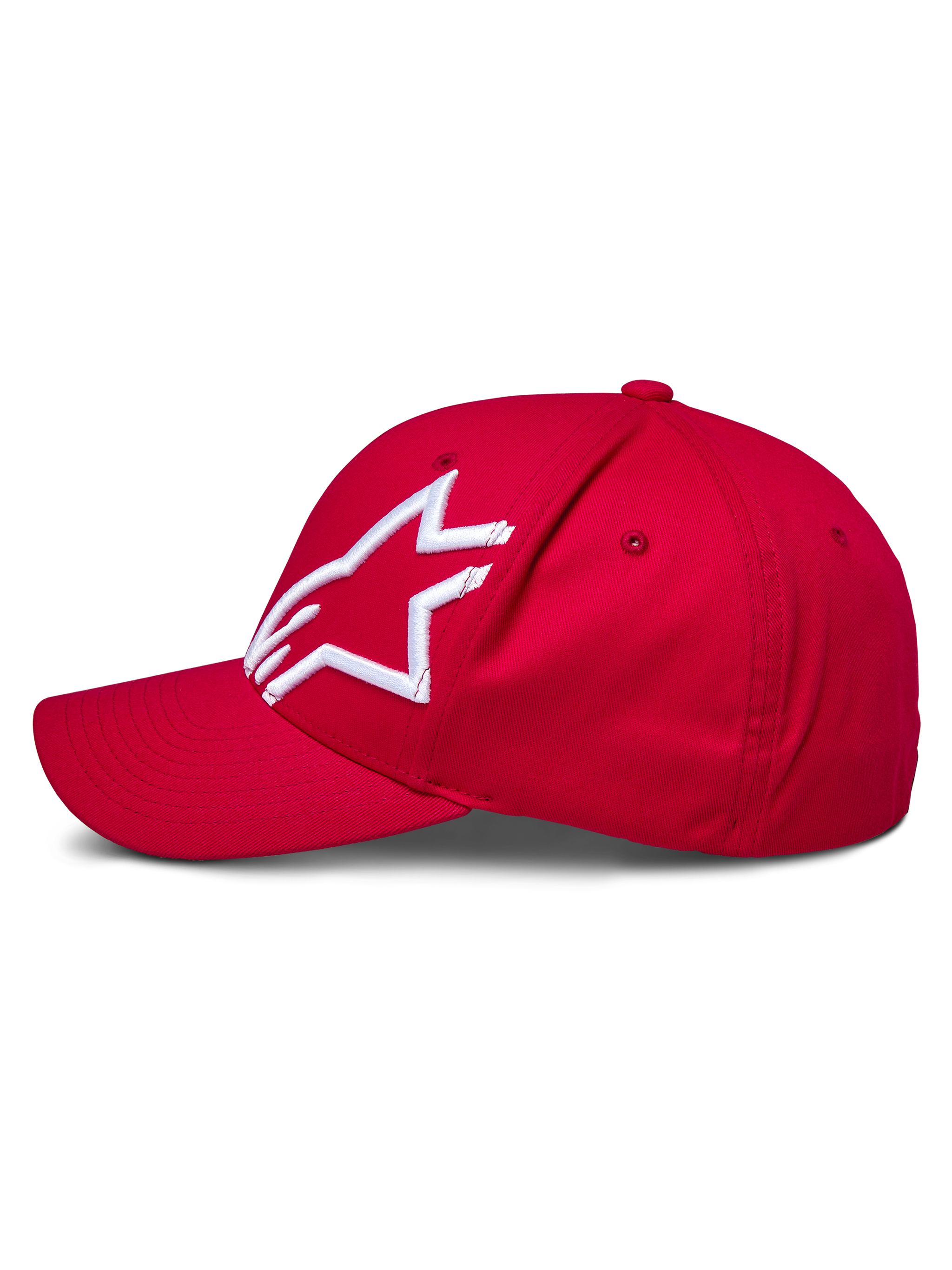 Casquette Alpinestars Corp Shift 2 à visière courbée, rouge, avec un logo Alpinestars blanc brodé en 3D sur le panneau gauche, vue de profil, couronne structurée avec visière courbée, couvre-chef décontracté inspiré du sport automobile