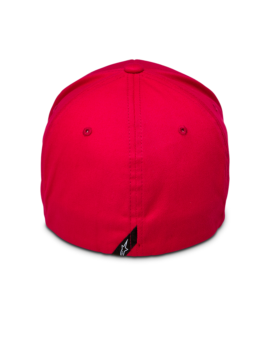 Alpinestars Corp Shift 2 Curved Brim, rouge, vue arrière montrant le design dos flexible et une petite étiquette logo Alpinestars noire, couronne structurée en sergé extensible rouge, casquette casual motorsport