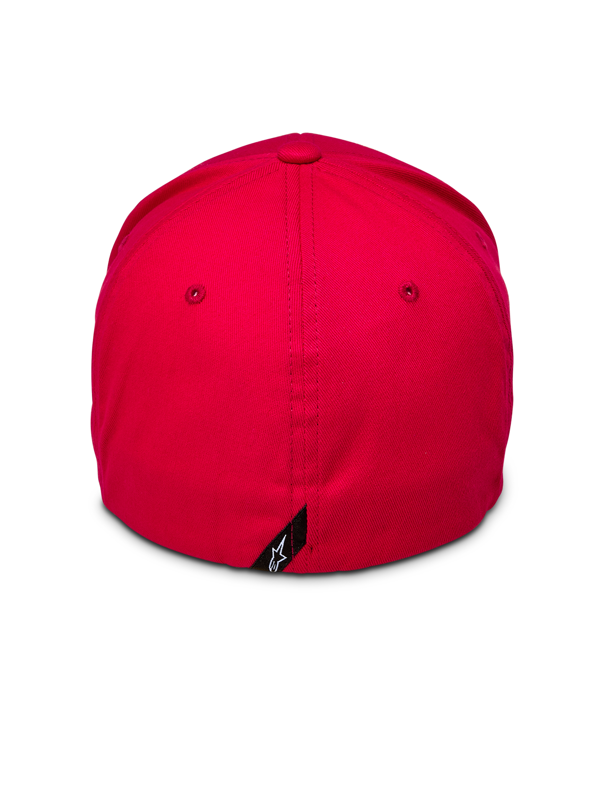 Alpinestars Corp Shift 2 Curved Brim, rouge, vue arrière montrant le design dos flexible et une petite étiquette logo Alpinestars noire, couronne structurée en sergé extensible rouge, casquette casual motorsport