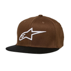 Casquette Alpinestars Ageless Flatbill, brun et noir, casquette à visière plate avec calotte structurée, logo Alpinestars blanc brodé sur le devant, couvre-chef décontracté style motorsport