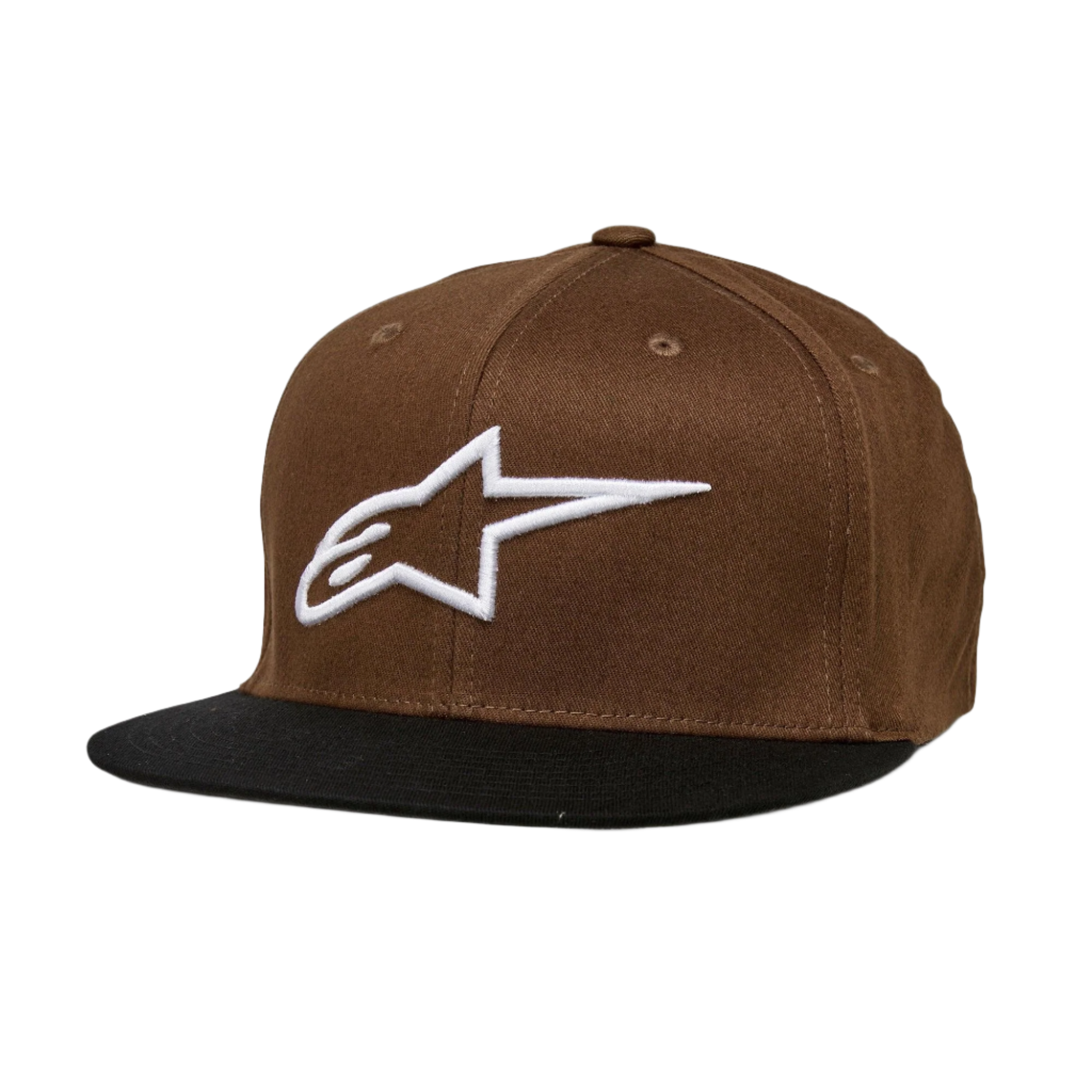 Casquette Alpinestars Ageless Flatbill, brun et noir, casquette à visière plate avec calotte structurée, logo Alpinestars blanc brodé sur le devant, couvre-chef décontracté style motorsport