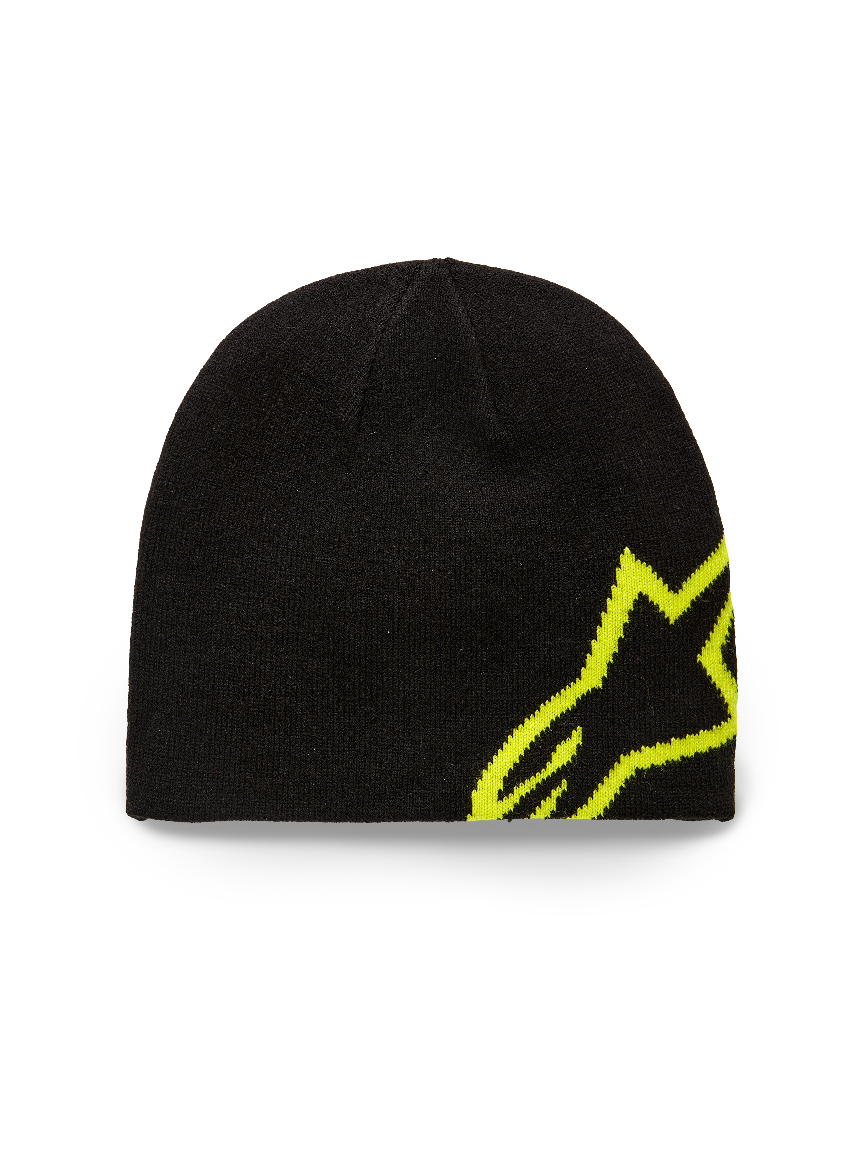 Alpinestars Corp Shift Beanie, gebreide muts, zwart en Hi-Vis geel, voorzien van een groot jacquard Alpinestars-logo aan de zijkant, gebreide jersey steek, casual motorsport-geïnspireerd hoofddeksel