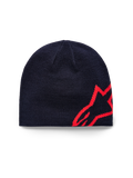 Alpinestars Corp Shift Beanie, bonnet en maille, bleu marine et rouge vif, arborant un grand logo étoile rouge en jacquard sur le côté, construction en maille jersey tricotée, accessoire sportswear décontracté