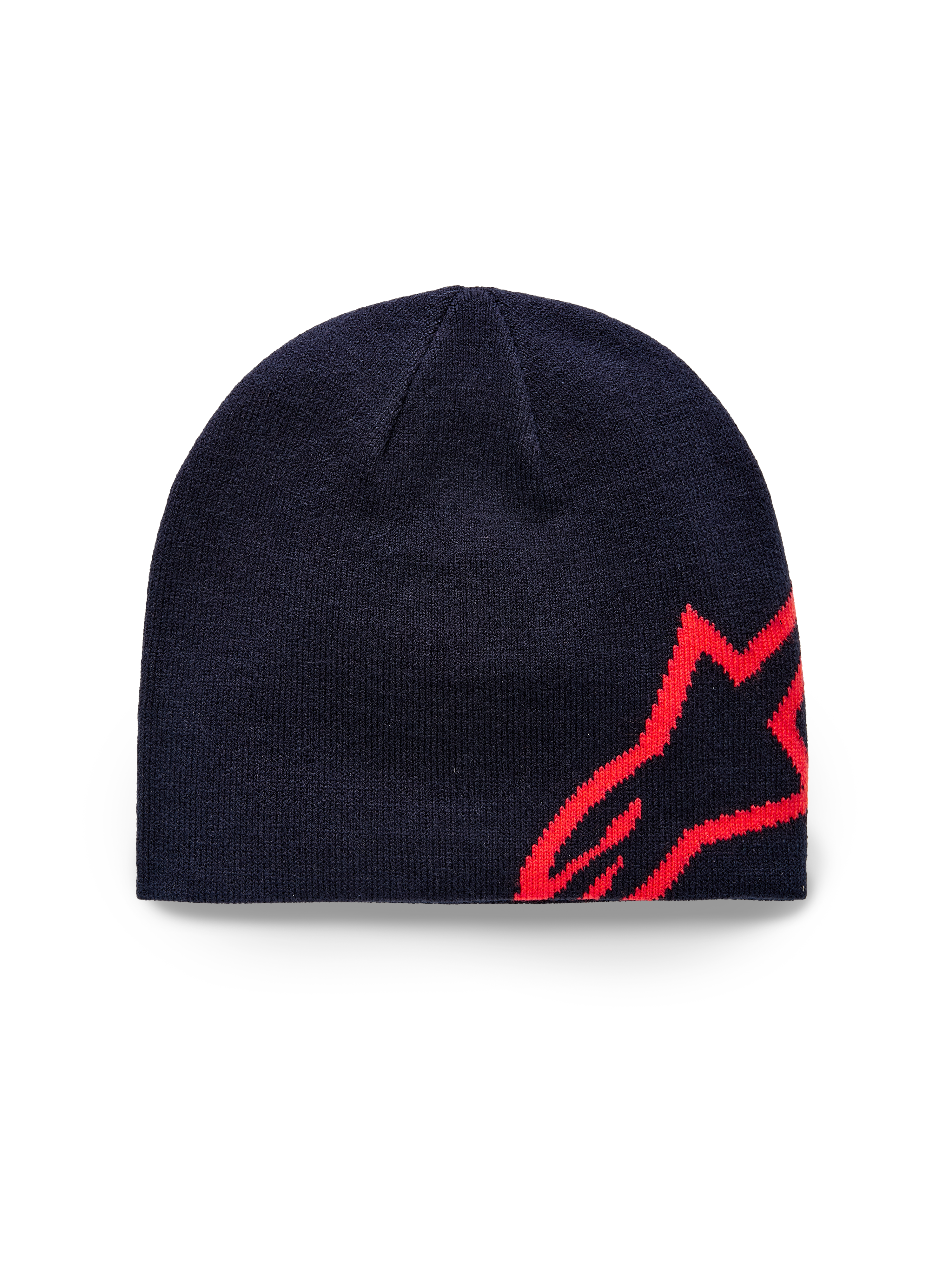 Alpinestars Corp Shift Beanie, bonnet en maille, bleu marine et rouge vif, arborant un grand logo étoile rouge en jacquard sur le côté, construction en maille jersey tricotée, accessoire sportswear décontracté