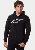 Sweat à capuche zippé Alpinestars Ageless V3, sweat à capuche avec fermeture éclair à l'avant, noir et blanc, arborant un grand logo Alpinestars blanc sur la poitrine, capuche à cordon de serrage et fermeture éclair intégrale, vêtement streetwear décontracté