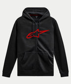 Alpinestars Ageless Zip V3 Hoodie, casual streetwear, zwart met groot rood Alpinestars-logo op de borst, volledige ritssluiting aan de voorzijde, capuchon met trekkoord, lange mouwen, geribbelde manchetten en zoom