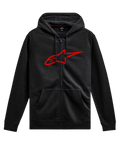 Alpinestars Ageless Zip V3 Hoodie, lässige Motorsport-Streetwear, Schwarz mit rotem Astars-Logo, durchgehender Reißverschluss, Kapuze mit Kordelzug, lange Ärmel, Rippbündchen an Ärmeln und Saum