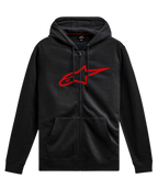Alpinestars Ageless Zip V3 Hoodie, casual motorsport streetwear, zwart met rood Astars-logo, volledige ritssluiting, capuchon met trekkoord, lange mouwen, geribbelde manchetten en zoom