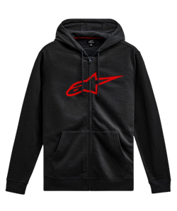 Alpinestars Ageless Zip V3 Hoodie, casual motorsport streetwear, zwart met rood Astars-logo, volledige ritssluiting, capuchon met trekkoord, lange mouwen, geribbelde manchetten en zoom
