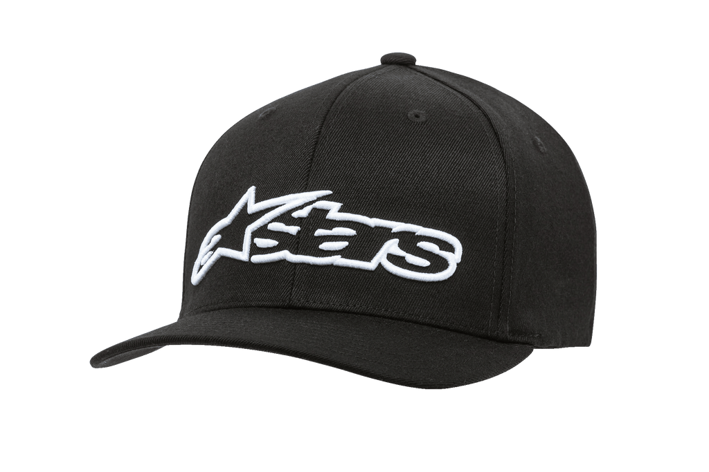 Alpinestars Blaze Flexfit Hat, casquette de baseball noire avec logo brodé en 3D blanc, visière incurvée, couronne structurée à six panneaux avec œillets de ventilation, couvre-chef motorsport décontracté