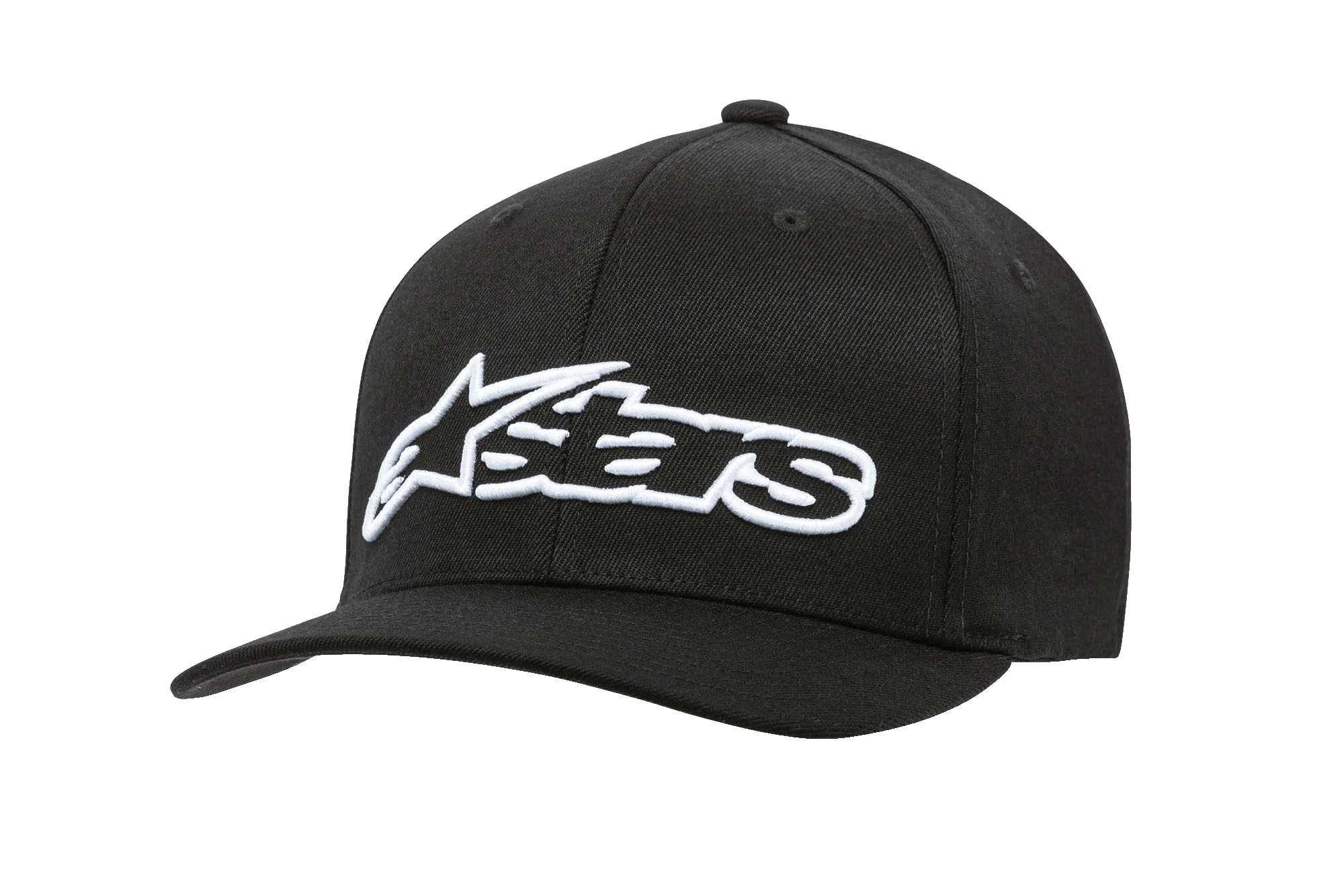 Alpinestars Blaze Flexfit Hat, Black Baseball Cap with White 3D Embroidered Logo, Curved Brim, Structured Six-Panel Crown with Ventilation Eyelets, Casual Motorsport Headwear