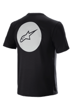 Alpinestars Dot Tech Tee, fietsshirt met korte mouwen, zwart, achteraanzicht met grote witte cirkel en zwart A-star-logo, DriRelease vochtafvoerende stof voor mountainbiken