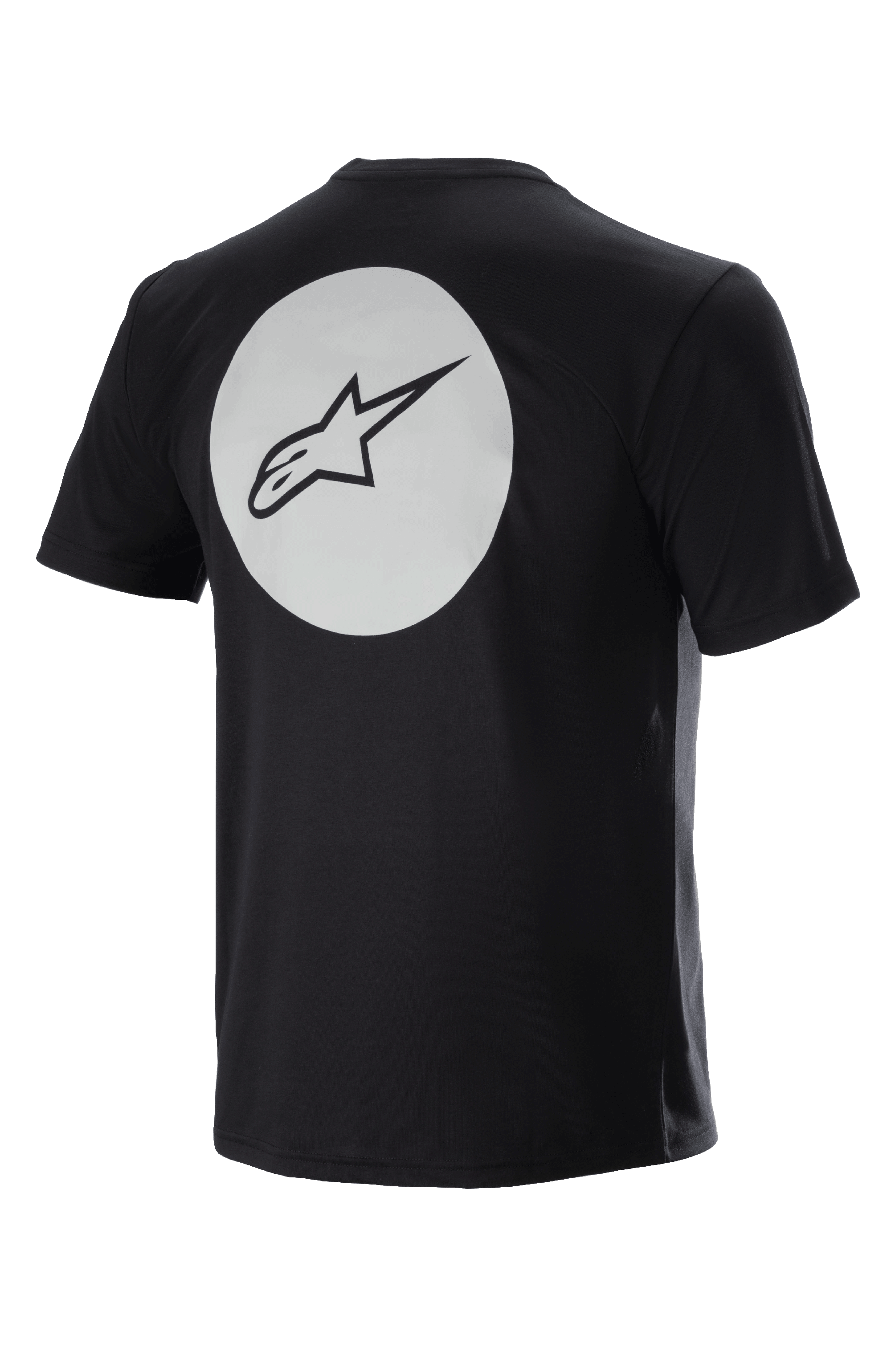 Alpinestars Dot Tech Tee, fietsshirt met korte mouwen, zwart, achteraanzicht met grote witte cirkel en zwart A-star-logo, DriRelease vochtafvoerende stof voor mountainbiken