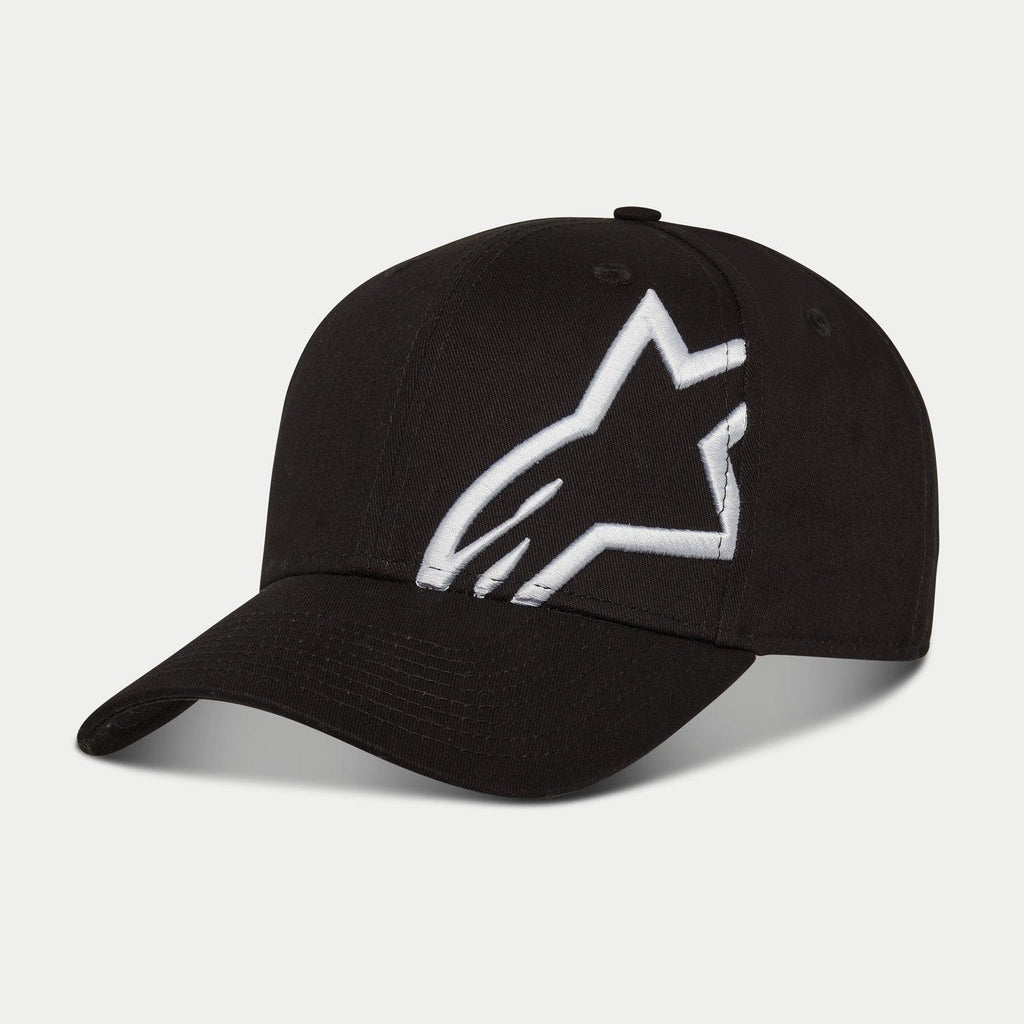 Alpinestars Corp Snap 2 Mütze, Schwarz und Weiß, mit gekrümmtem Schirm und strukturierter Krone, großes weißes 3D-gesticktes Alpinestars-Logo auf dem linken Panel, klassisches Snapback-Design