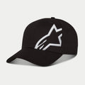 Alpinestars Corp Snap 2 Mütze, Schwarz und Weiß, mit gekrümmtem Schirm und strukturierter Krone, großes weißes 3D-gesticktes Alpinestars-Logo auf dem linken Panel, klassisches Snapback-Design