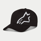 Alpinestars Corp Snap 2 Mütze, Schwarz und Weiß, mit gekrümmtem Schirm und strukturierter Krone, großes weißes 3D-gesticktes Alpinestars-Logo auf dem linken Panel, klassisches Snapback-Design