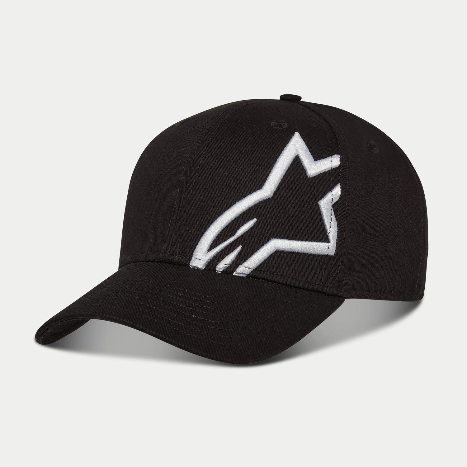 Alpinestars Corp Snap 2 Mütze, Schwarz und Weiß, mit gekrümmtem Schirm und strukturierter Krone, großes weißes 3D-gesticktes Alpinestars-Logo auf dem linken Panel, klassisches Snapback-Design