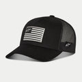 Alpinestars Flag Snapback Mütze, Schwarz, Baseball-Cap mit schwarzer Mesh-Rückseite und gebogenem Schirm, vorne aufgedruckter Flaggen-Aufnäher mit Alpinestars-Logo, seitliche Logo-Stickerei, lässige, vom Motorsport inspirierte Kopfbedeckung
