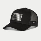 Alpinestars Flag Snapback Mütze, Schwarz, Baseball-Cap mit schwarzer Mesh-Rückseite und gebogenem Schirm, vorne aufgedruckter Flaggen-Aufnäher mit Alpinestars-Logo, seitliche Logo-Stickerei, lässige, vom Motorsport inspirierte Kopfbedeckung