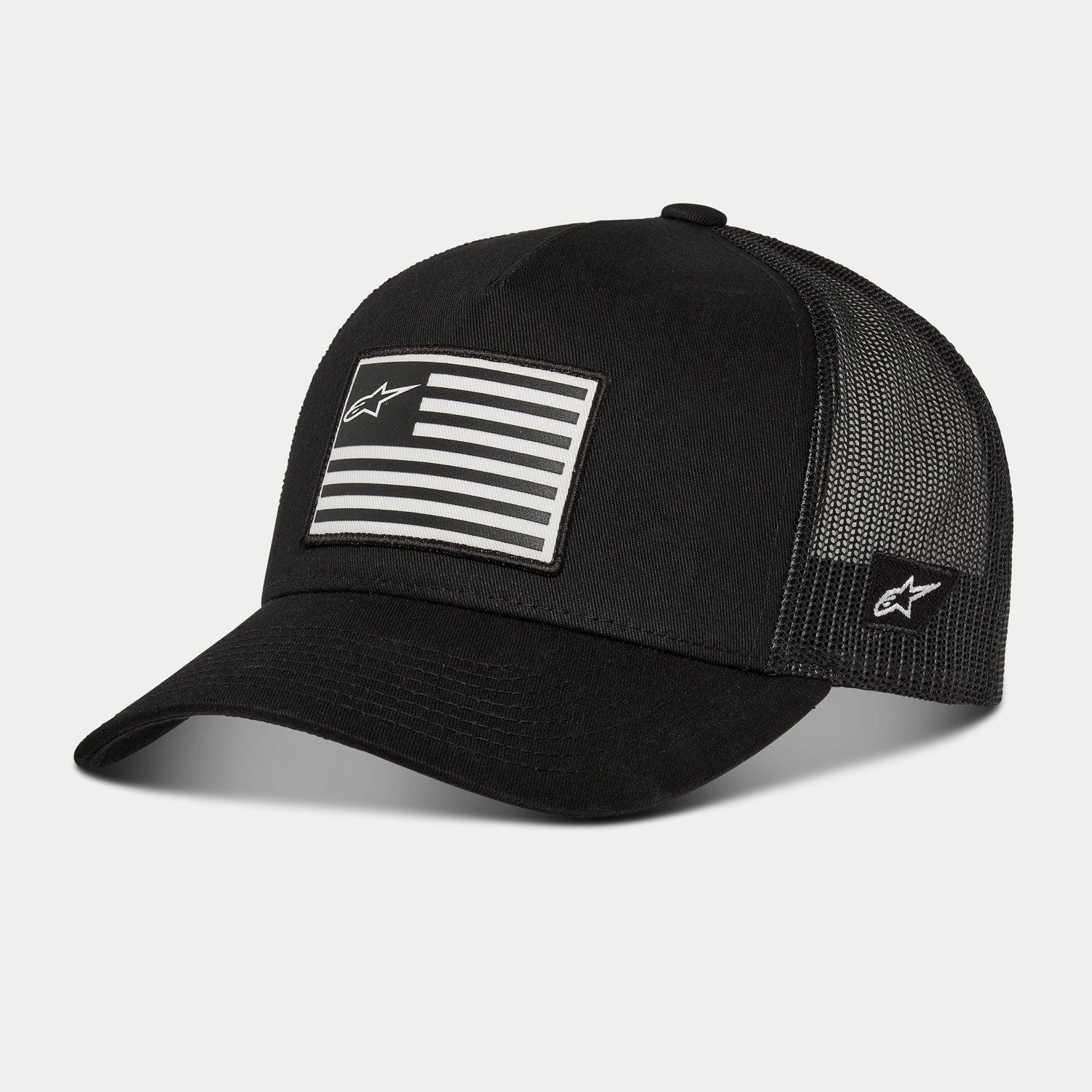 Alpinestars Flag Snapback Hat, Black, baseball cap featuring a black mesh back and curved bill, front printed flag patch with Alpinestars logo, side logo embroidery, casual motorsport-inspired headwear