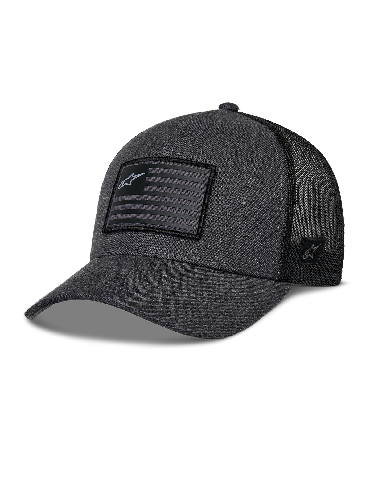 Casquette Snapback Flag Alpinestars, gris anthracite chiné et noir, casquette de baseball style trucker, patch drapeau rectangulaire avec logo étoile, visière courbée et arrière en maille respirante