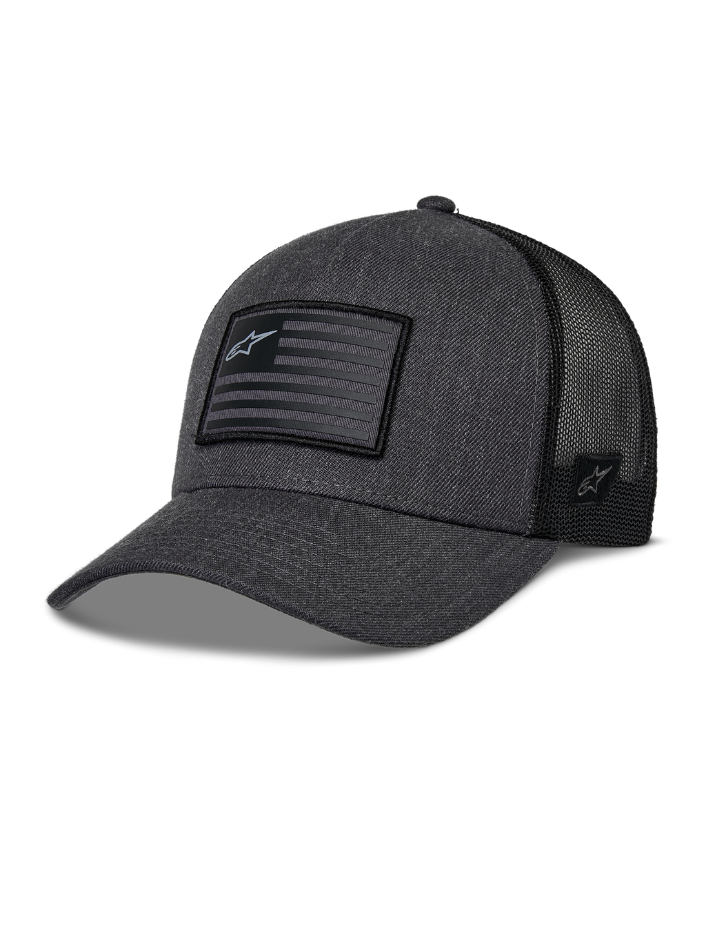 Casquette Snapback Flag Alpinestars, gris anthracite chiné et noir, casquette de baseball style trucker, patch drapeau rectangulaire avec logo étoile, visière courbée et arrière en maille respirante