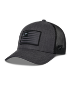 Casquette Snapback Flag Alpinestars, gris anthracite chiné et noir, casquette de baseball style trucker, patch drapeau rectangulaire avec logo étoile, visière courbée et arrière en maille respirante