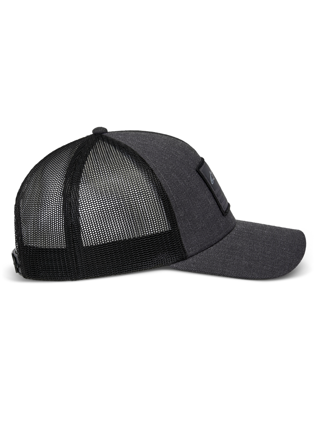 Casquette Snapback Flag Alpinestars en gris anthracite chiné noir, vue de profil montrant la visière courbée, le panneau avant en sergé structuré avec un patch merrow et l'arrière en maille polyester respirante