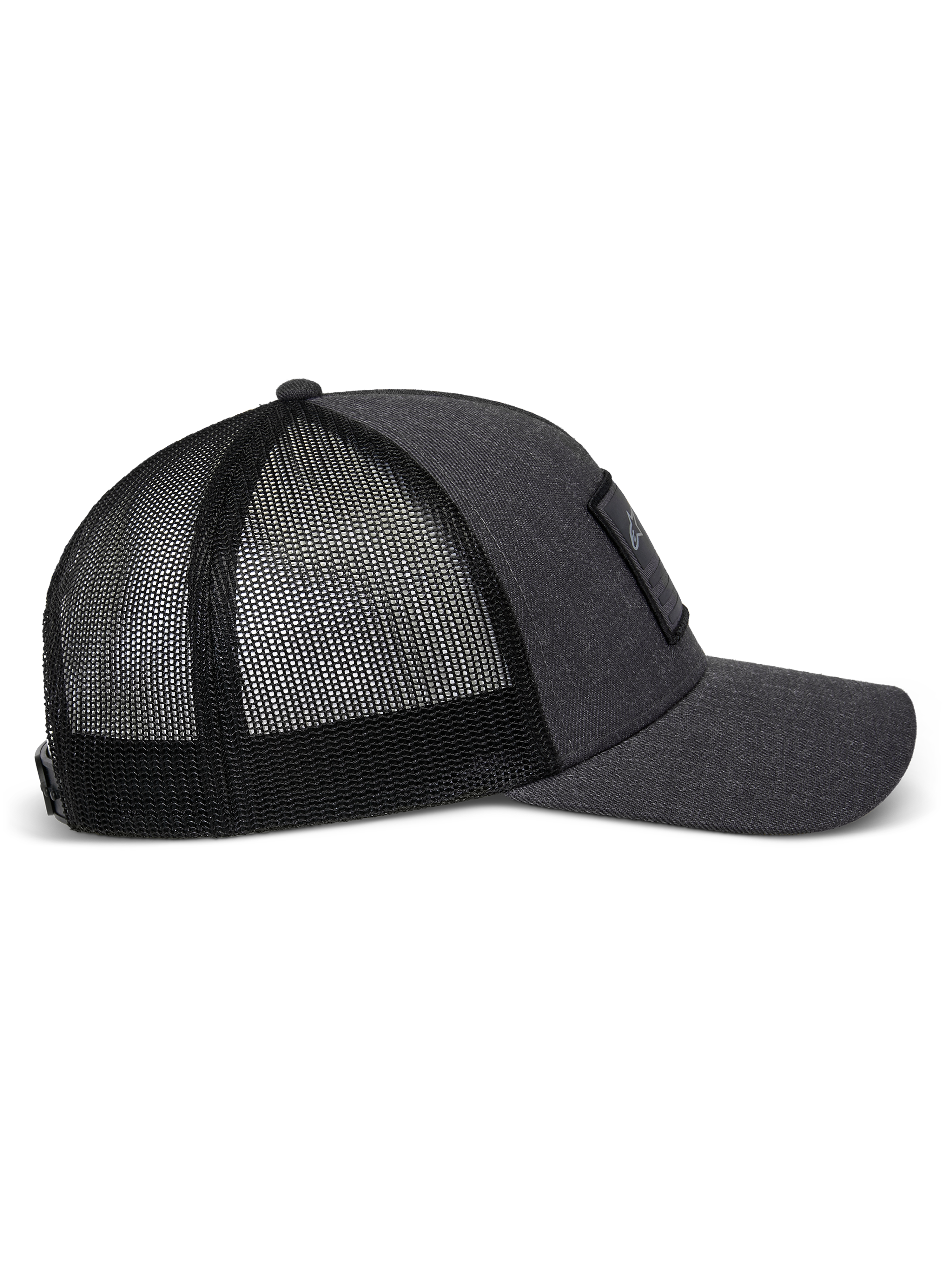 Casquette Snapback Flag Alpinestars en gris anthracite chiné noir, vue de profil montrant la visière courbée, le panneau avant en sergé structuré avec un patch merrow et l'arrière en maille polyester respirante