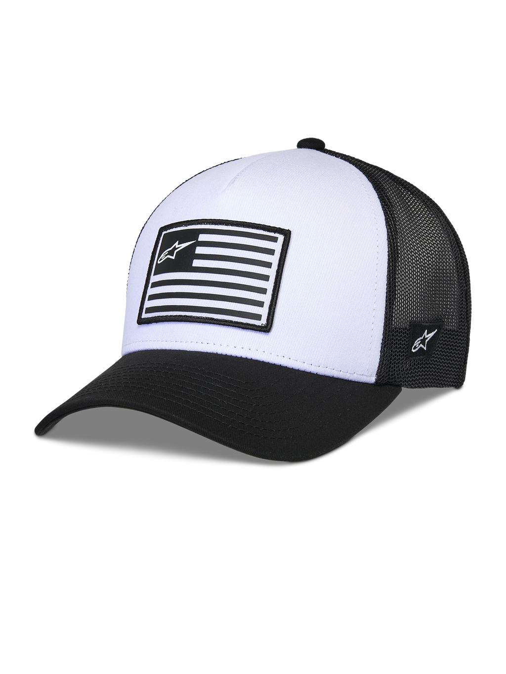 Casquette Snapback Flag Alpinestars, blanc et noir, couronne structurée avec visière courbée, panneau avant blanc et arrière en maille noire, dotée d'un patch logo rectangulaire de style drapeau, couvre-chef décontracté inspiré du sport automobile