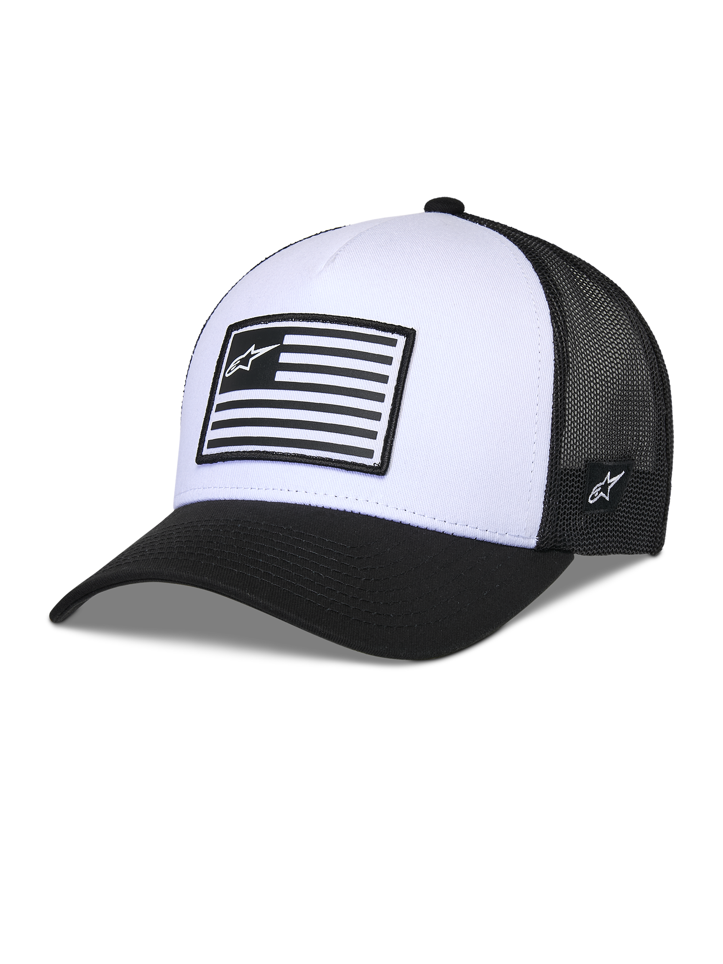 Alpinestars Flag Snapback Hat, White and Black, Structured crown with curved bill, white front panel and black mesh back, featuring a rectangular flag-style logo patch, casual motorsport-inspired headwear