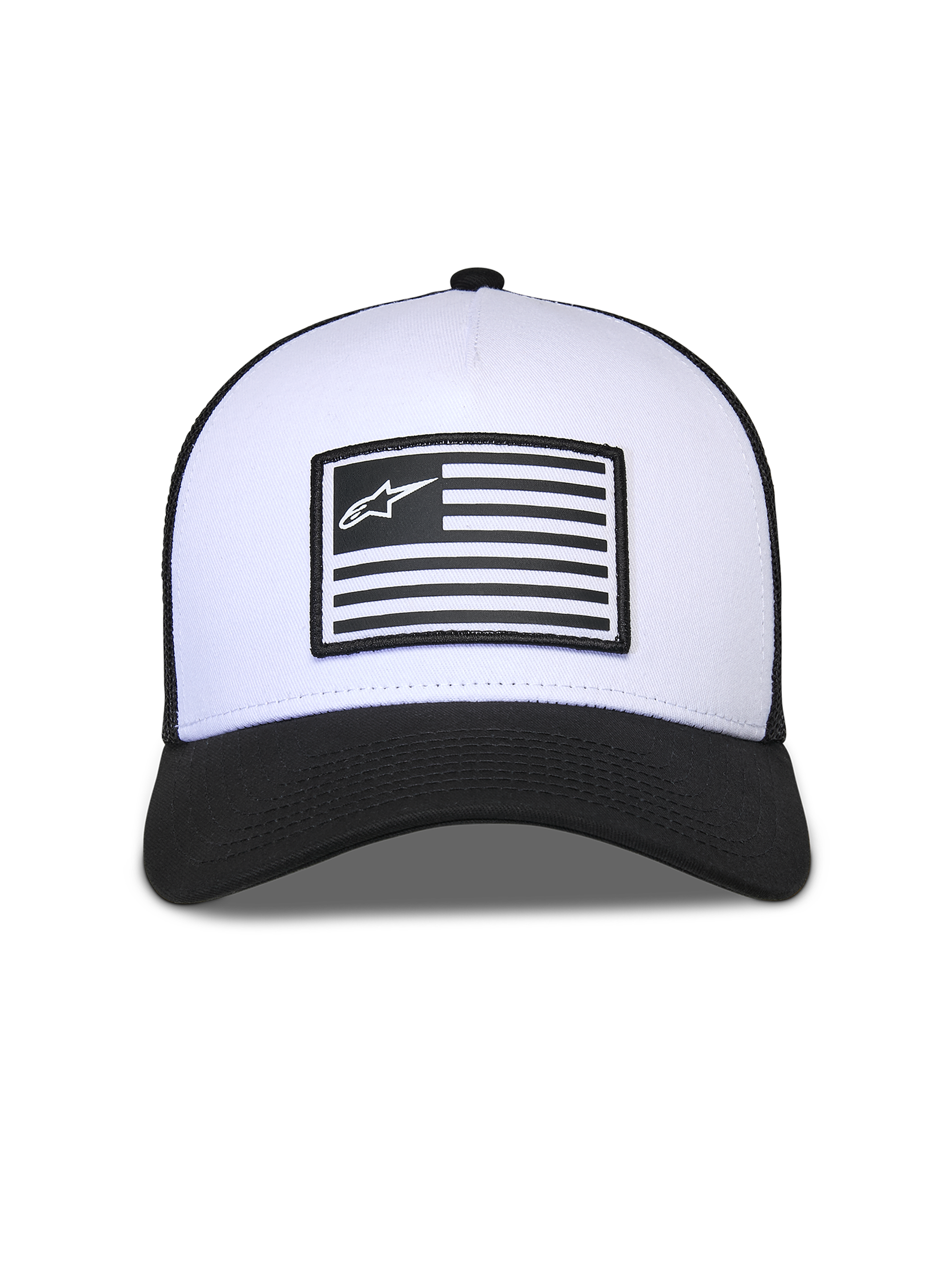 Casquette Snapback Flag Alpinestars, blanc et noir, couronne blanche structurée avec visière courbée noire et arrière en maille, dotée d'un écusson drapeau central avec le logo Alpinestars, couvre-chef décontracté inspiré des sports mécaniques