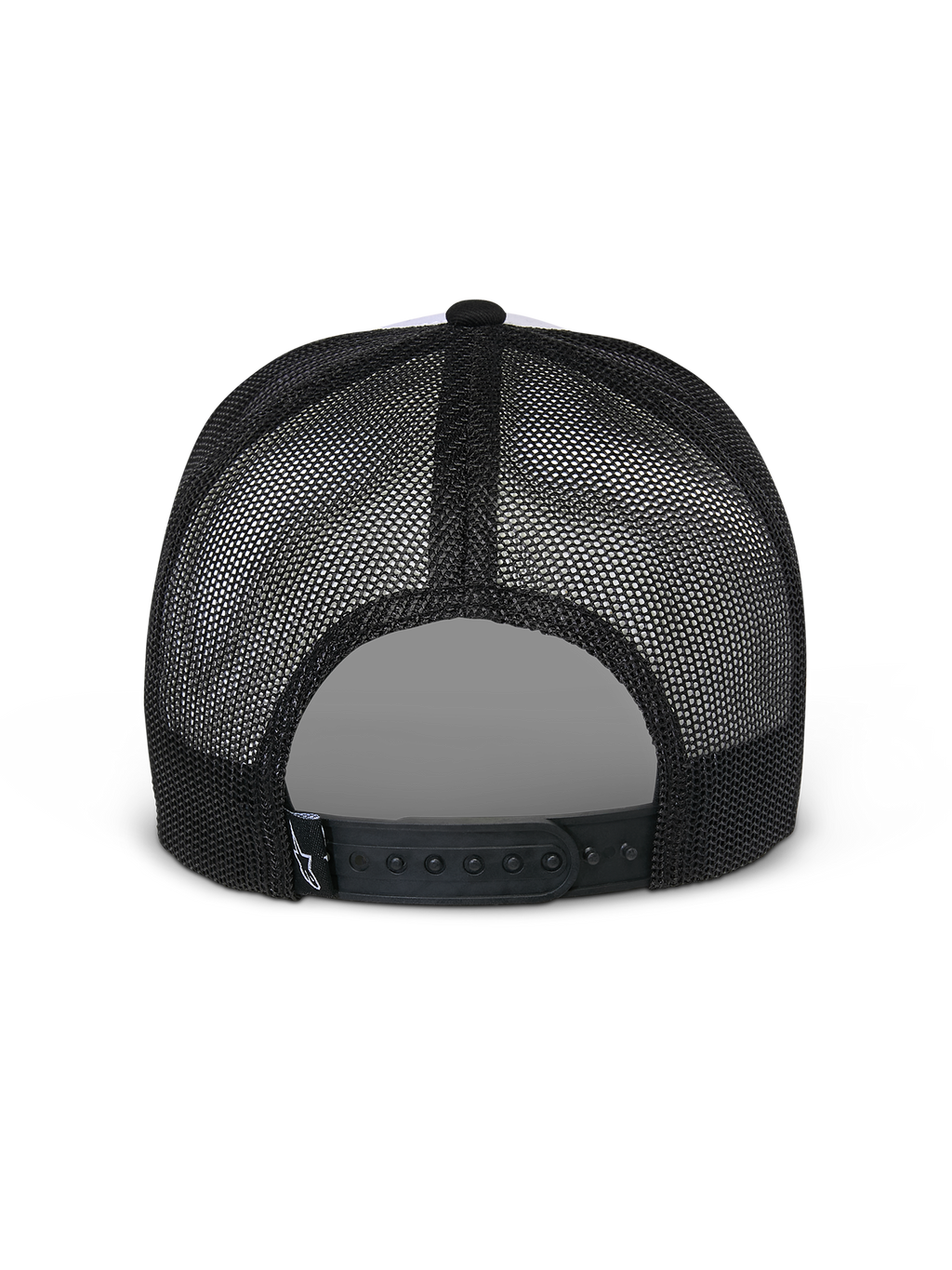 Casquette Snapback Flag Alpinestars, blanc et noir, vue arrière montrant les panneaux en maille noire et la fermeture snapback réglable, accessoire de sport mécanique décontracté