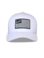 Casquette Snapback Flag Alpinestars, blanche, couronne structurée avec visière courbée, patch rectangulaire noir et blanc à l'avant avec logo Alpinestars, accessoire décontracté inspiré des sports mécaniques