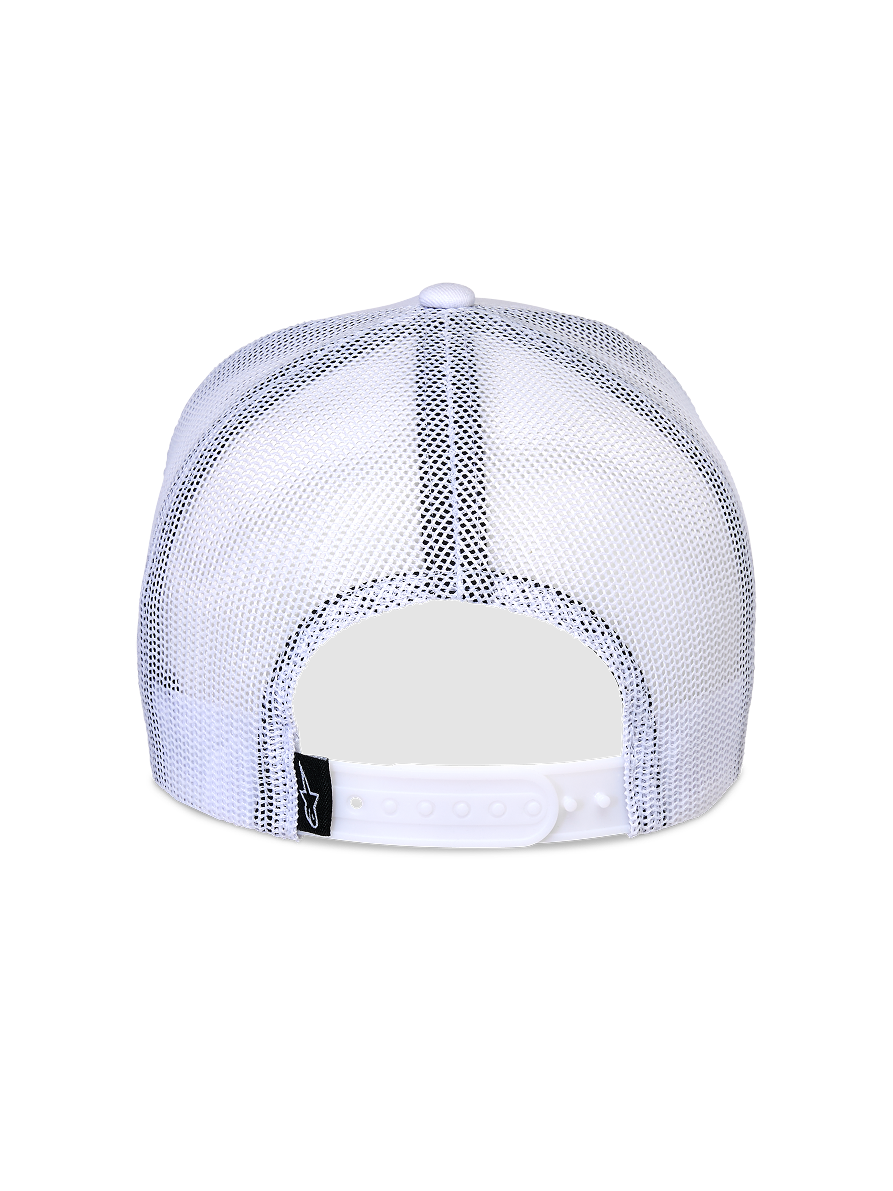 Casquette Snapback Flag d'Alpinestars, blanche, vue arrière avec panneaux en maille blanche respirante, fermeture snapback réglable et petite étiquette noire avec logo, design de casquette trucker classique.