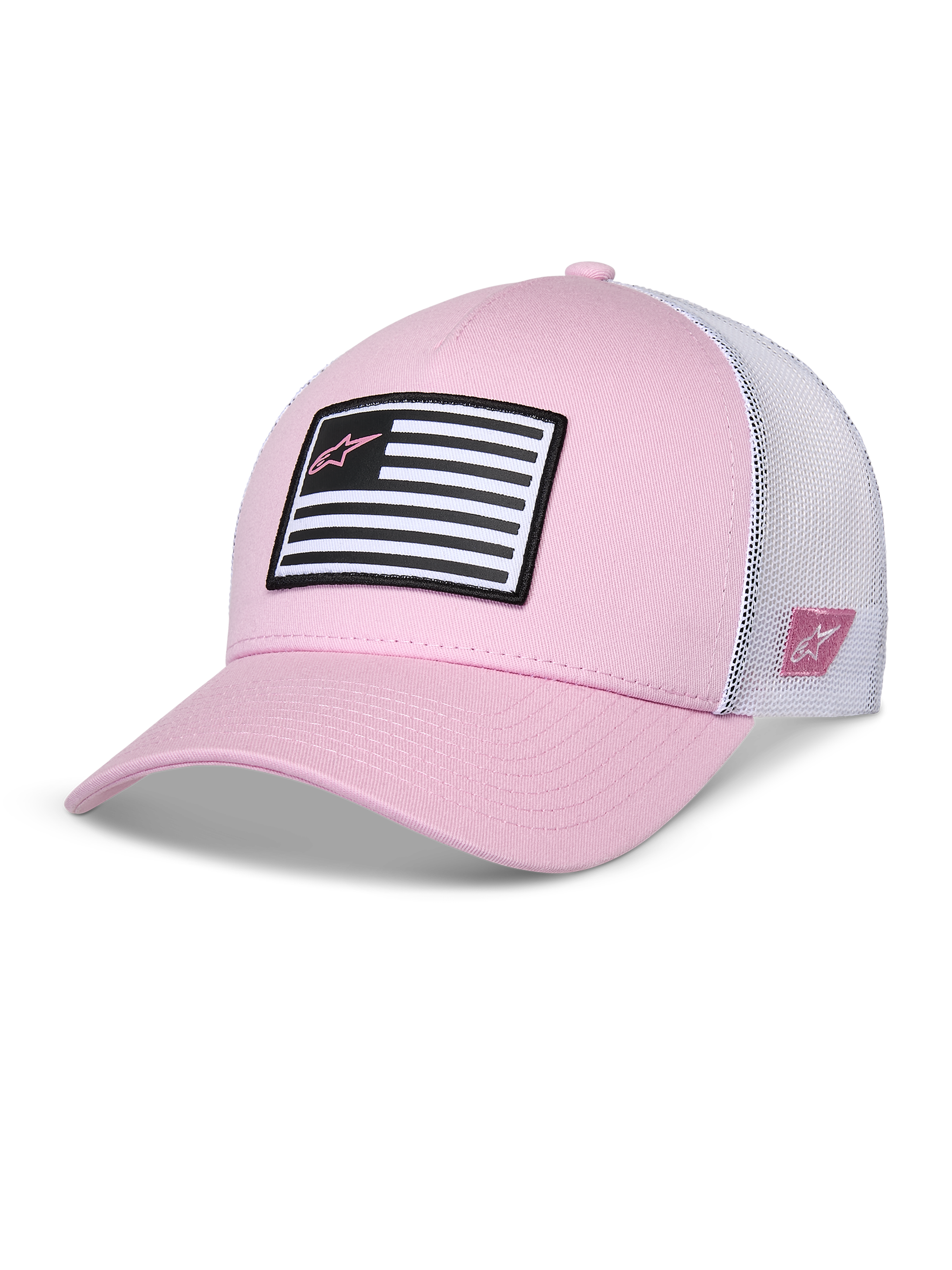 Casquette Snapback Flag Alpinestars, rose et blanc, visière courbée avec couronne structurée, avant en sergé avec arrière en maille blanche, avec un écusson drapeau noir et blanc et logo Astars rose, vêtement de sport décontracté inspiré du sport automobile