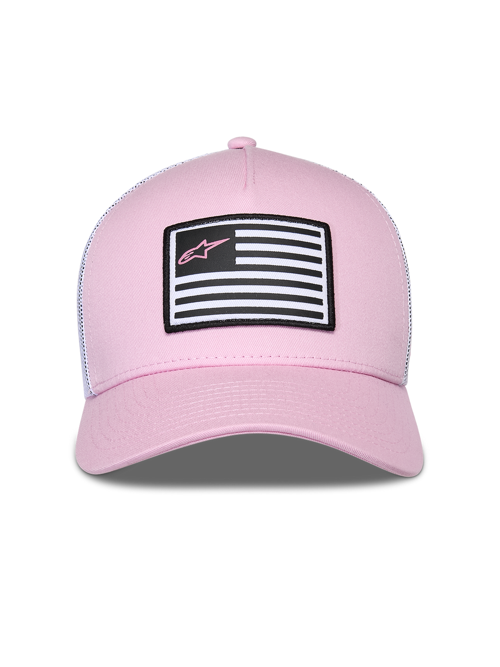 Alpinestars Flag Snapback pet, roze en wit, met een roze twill voorzijde en witte mesh achterzijde, gebogen klep, patch op de voorzijde met vlagontwerp en roze Astars-logo, casual motorsport streetwear
