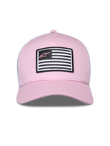 Casquette Snapback Flag Alpinestars, rose et blanche, dotée d'un devant en sergé rose et d'un dos en maille blanche, visière courbée, patch frontal avec motif de drapeau et logo Astars rose, style streetwear motorsport décontracté