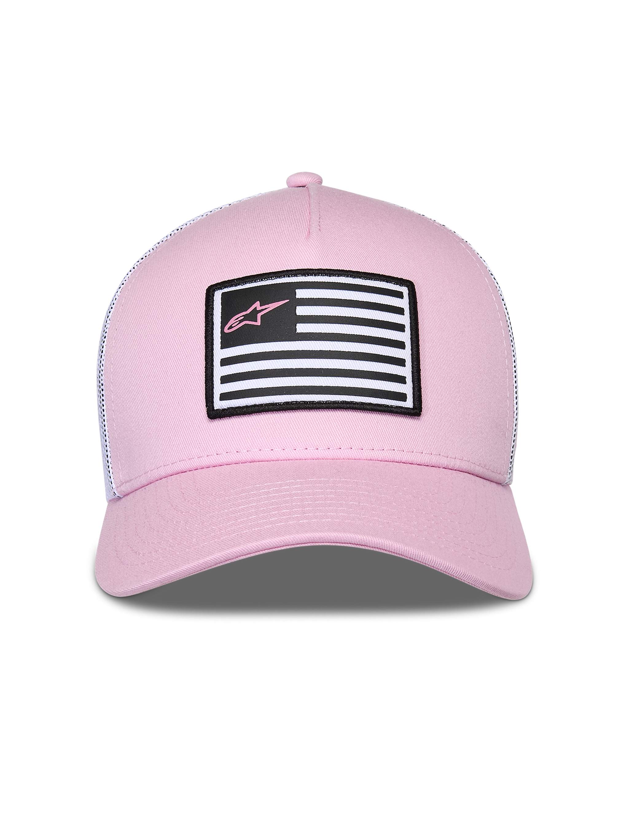 Casquette Snapback Flag Alpinestars, rose et blanche, dotée d'un devant en sergé rose et d'un dos en maille blanche, visière courbée, patch frontal avec motif de drapeau et logo Astars rose, style streetwear motorsport décontracté
