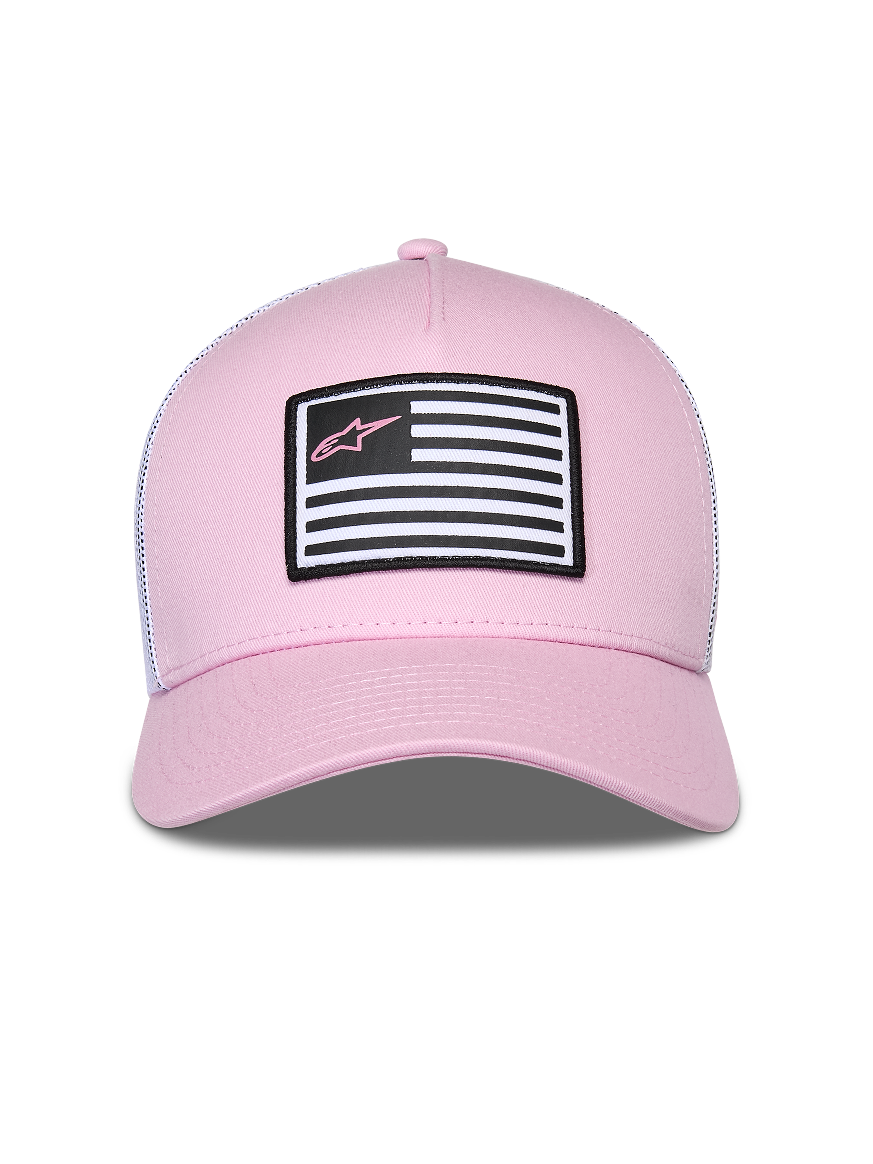 Alpinestars Flag Snapback pet, roze en wit, met een roze twill voorzijde en witte mesh achterzijde, gebogen klep, patch op de voorzijde met vlagontwerp en roze Astars-logo, casual motorsport streetwear