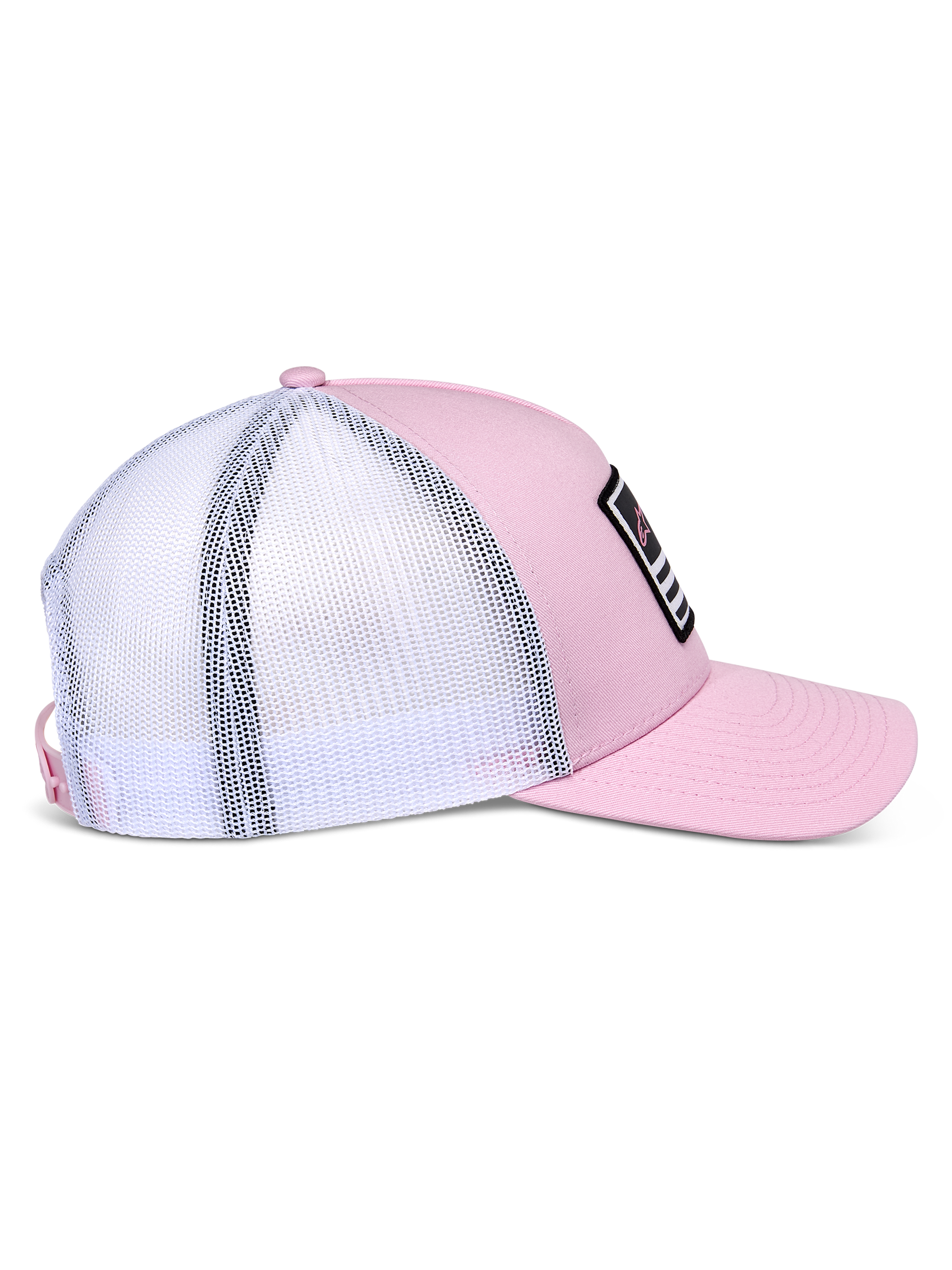 Casquette Snapback Alpinestars Flag, rose et blanc, vue de profil montrant l'avant en sergé rose et l'arrière en maille blanche, visière courbée, couronne structurée, patch noir avec détails blancs et roses, couvre-chef décontracté d'inspiration sport mécanique