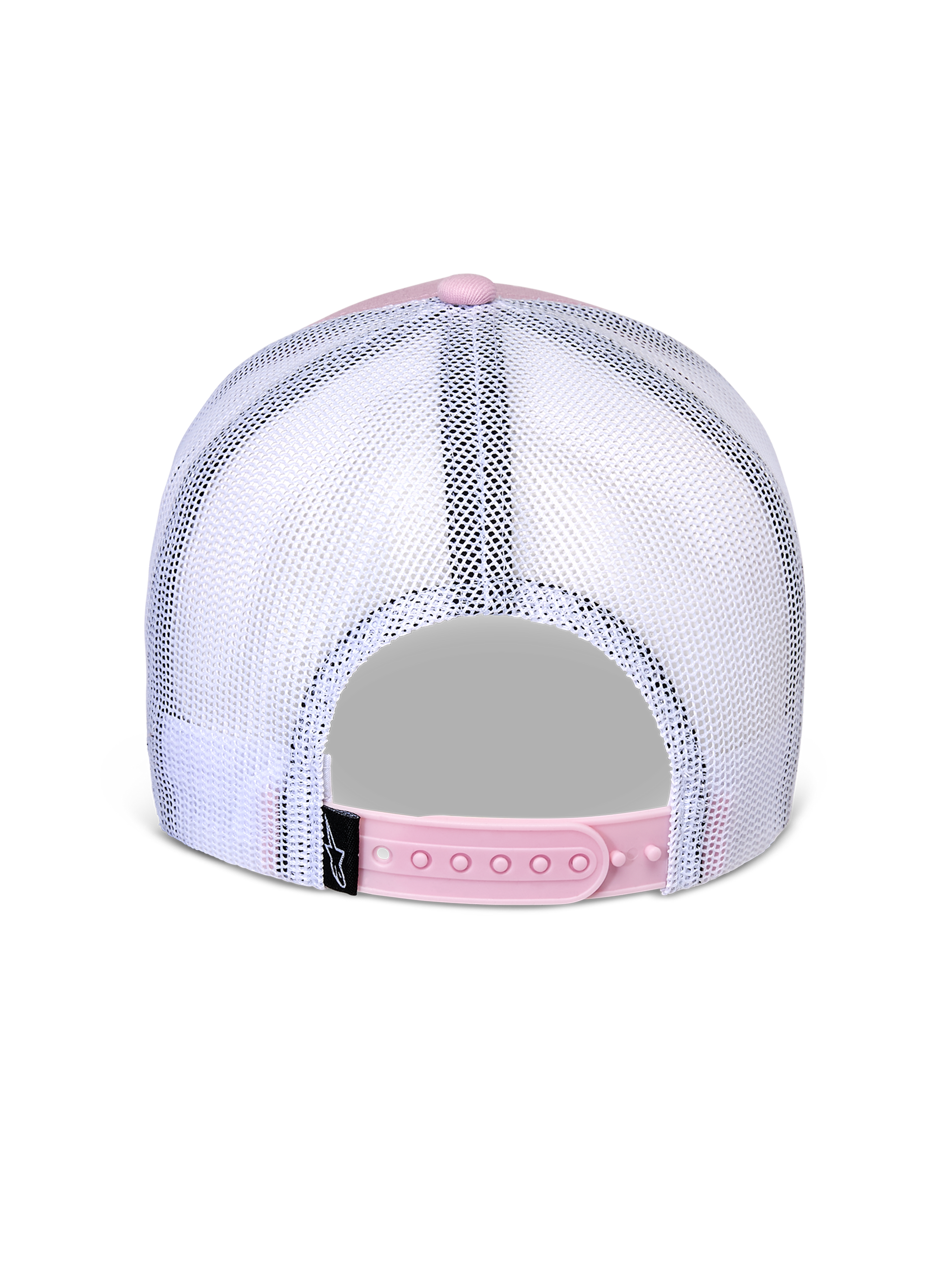 Casquette Snapback Flag Alpinestars, vue arrière, rose et blanc, panneaux en maille blanche respirante avec fermeture snapback réglable rose, petite étiquette noire avec logo Alpinestars, accessoire décontracté inspiré du sport automobile