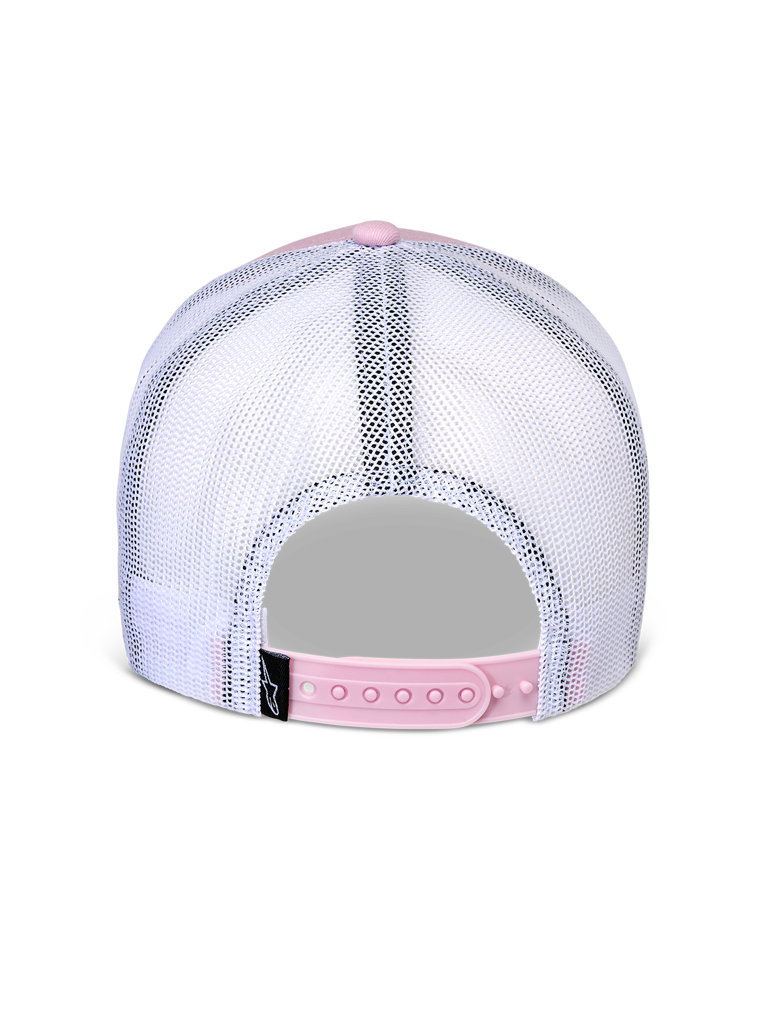 Alpinestars Flag Snapback pet, achteraanzicht, roze en wit, ademende witte mesh panelen met roze verstelbare snapback-sluiting, klein zwart Alpinestars logo-label, casual motorsport-geïnspireerde hoofddeksel