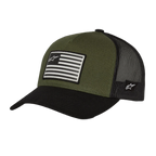 Alpinestars Flag Snapback pet, Military Black, olijfgroene kroon met zwarte gebogen klep en mesh achterkant, bedrukte vlagpatch met logo op de voorzijde, casual sportkledingontwerp