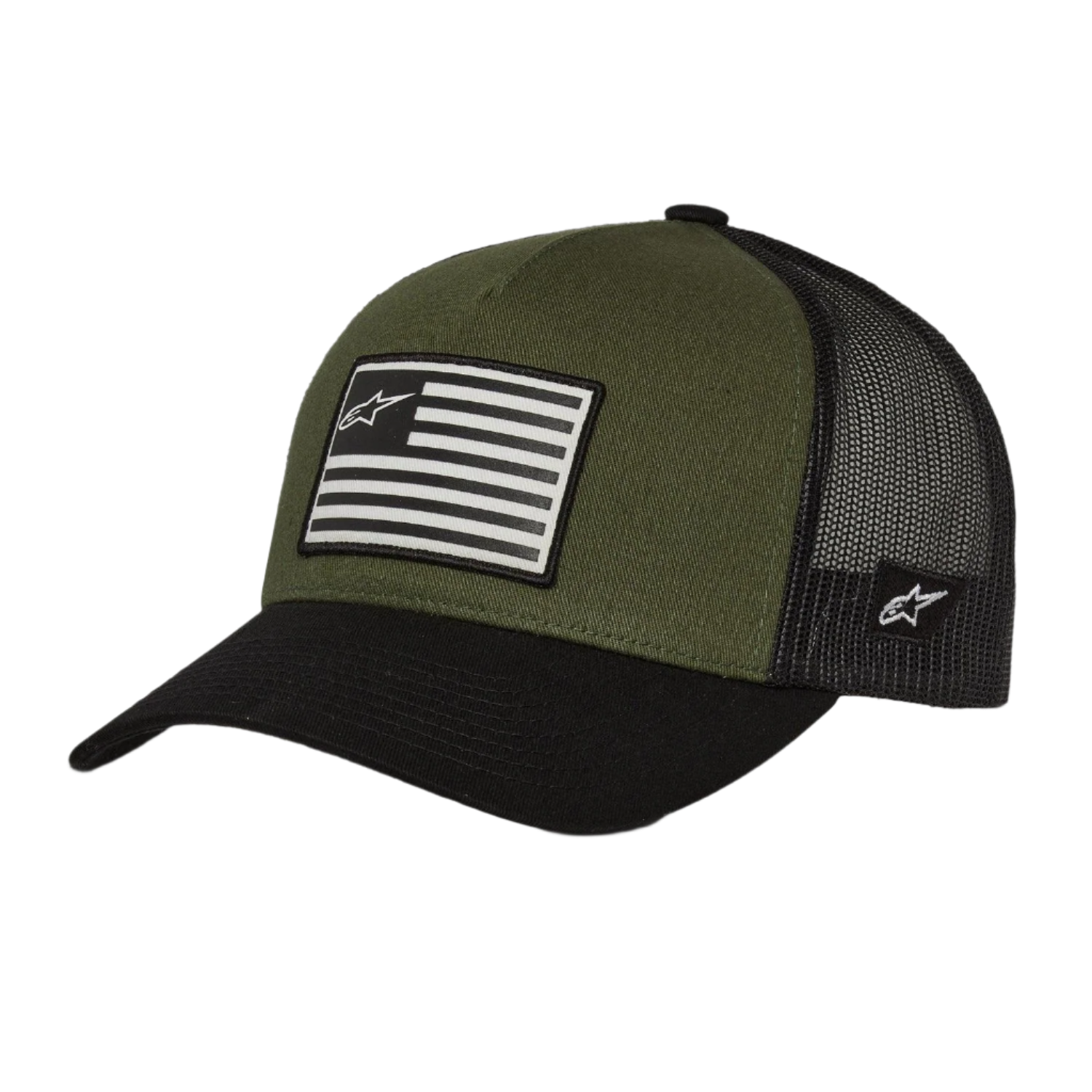 Alpinestars Flag Snapback pet, Military Black, olijfgroene kroon met zwarte gebogen klep en mesh achterkant, bedrukte vlagpatch met logo op de voorzijde, casual sportkledingontwerp
